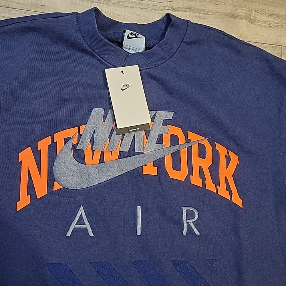 Nike Air New York Sweatshirt Small ‎ Men Blue Spellout Oversized Fleece Crewneck